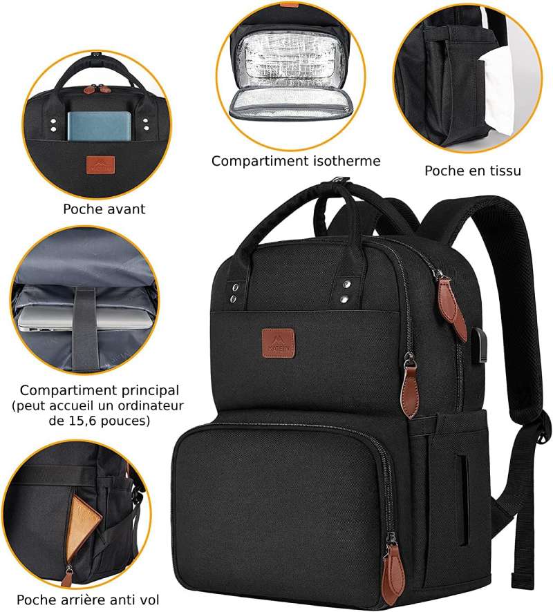 Sac à Dos Femme Avec Compartiment Isotherme Et Pour Ordinateur 15,6" - Léger, Imperméable - Travail Et Voyage