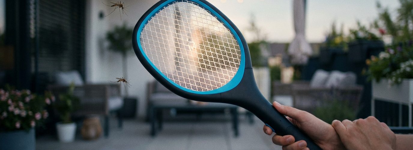 Modern electric swatter with blue accent held on a dusky patio. Its grid glows, surrounded by blurred mosquitoes and a fly.