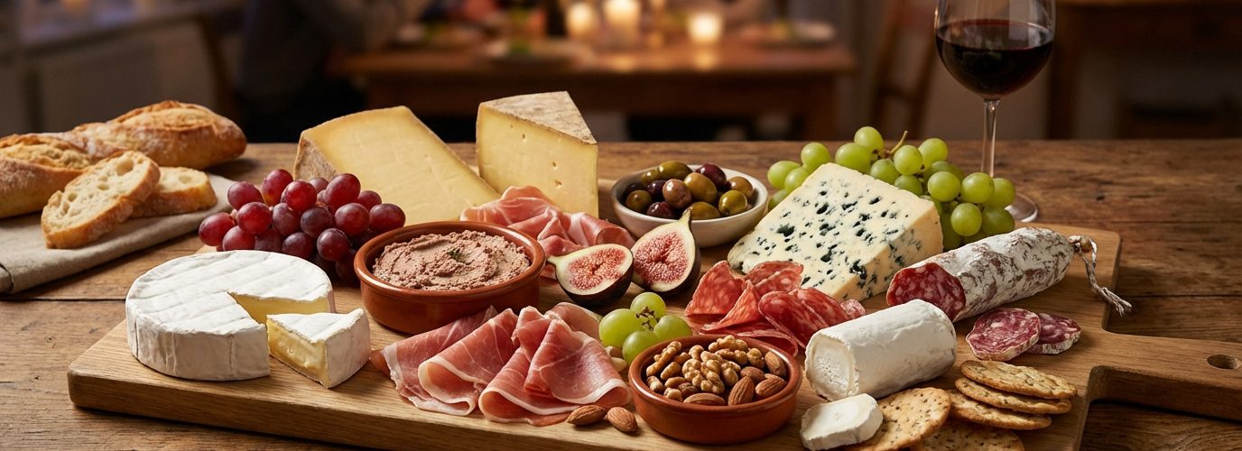 Un grand plateau de charcuterie et fromages variés avec du vin, des fruits et du pain, devant des personnes partageant un apéritif chaleureux.