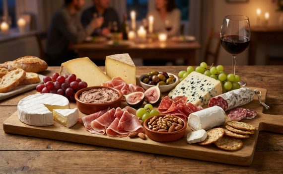 Un grand plateau de charcuterie et fromages variés avec du vin, des fruits et du pain, devant des personnes partageant un apéritif chaleureux.