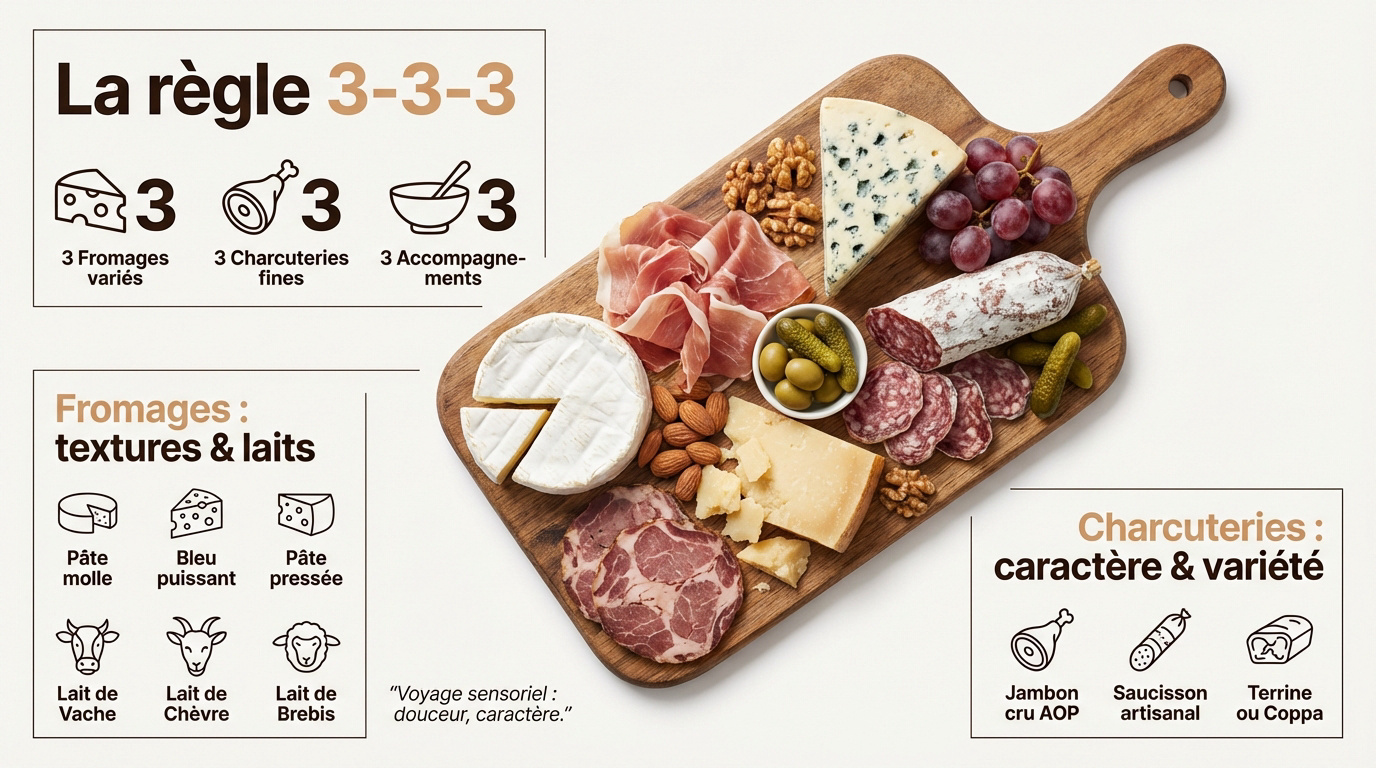 Infographie sur la règle des 3-3-3 pour un plateau de charcuterie et fromage réussi