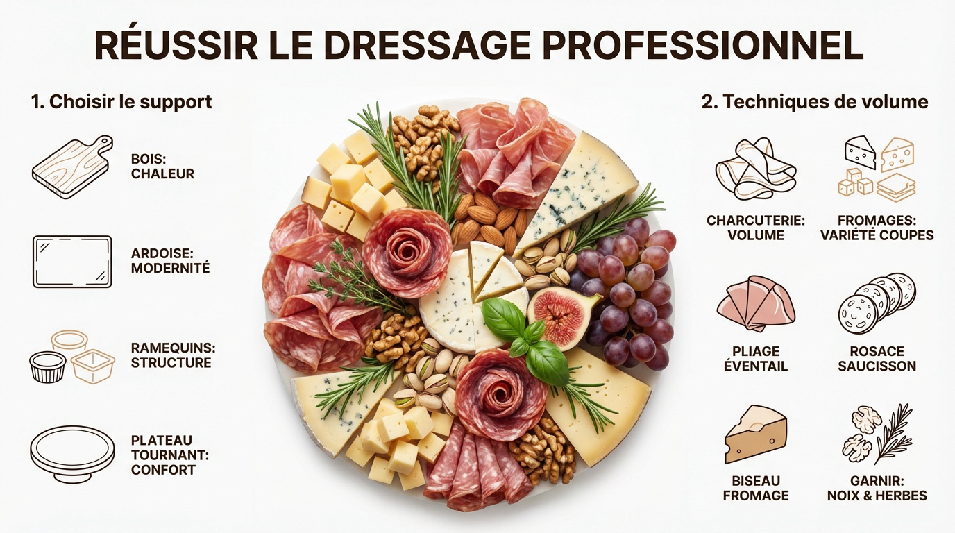 Plateau de charcuterie et fromage élégamment dressé sur une planche en bois
