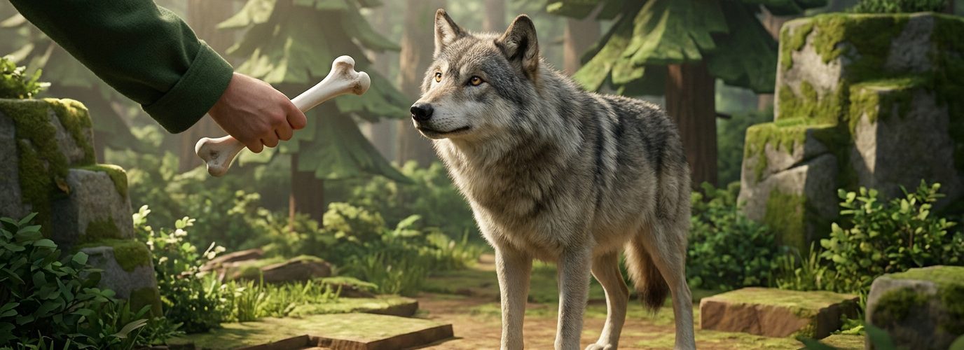 Une main humaine tend un os vers un loup réaliste dans une forêt aux allures de Minecraft.