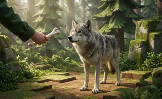 Une main humaine tend un os vers un loup réaliste dans une forêt aux allures de Minecraft.