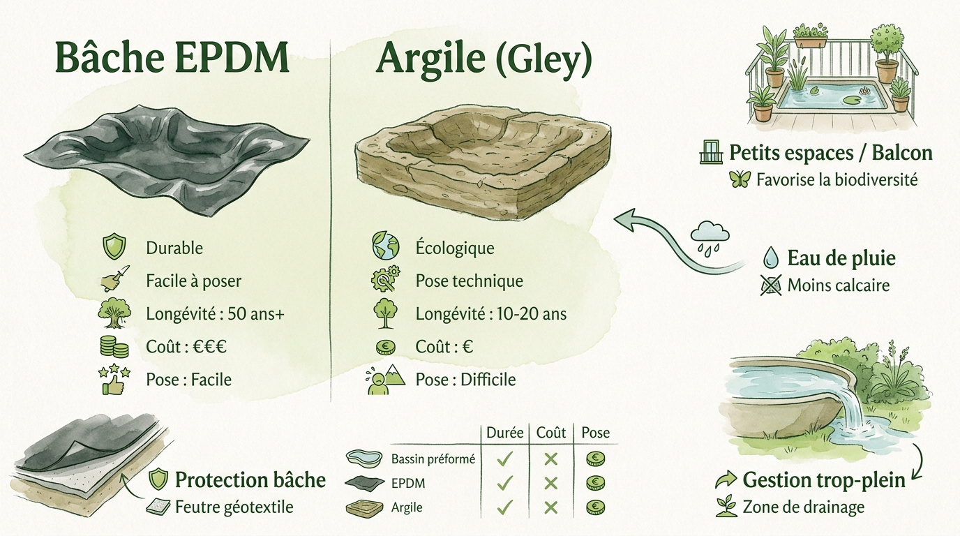 Comparaison visuelle entre une bâche EPDM noire et une étanchéité naturelle en argile pour bassin