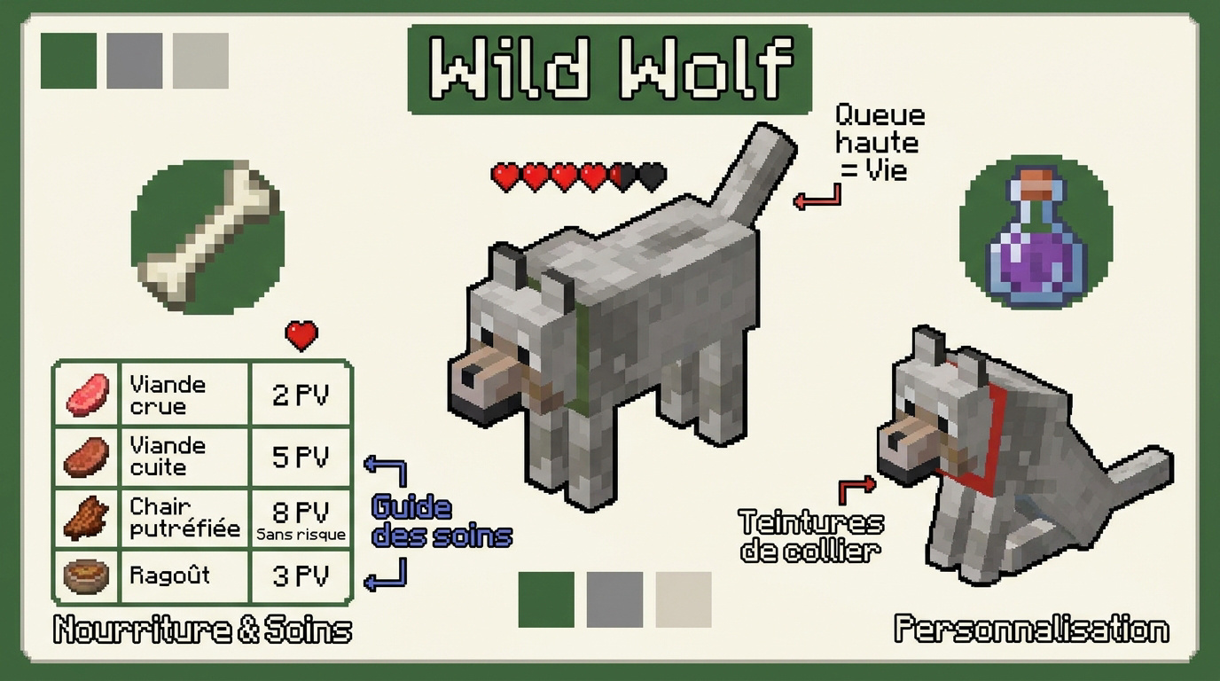 Un loup apprivoisé avec un collier rouge dans une forêt de Minecraft