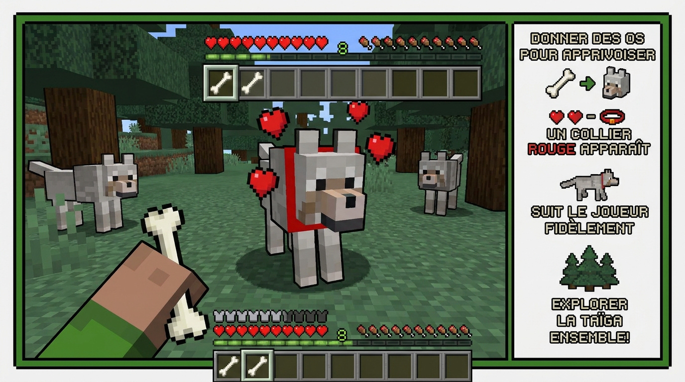 Un loup sauvage dans un biome taïga de Minecraft prêt à être apprivoisé avec un os