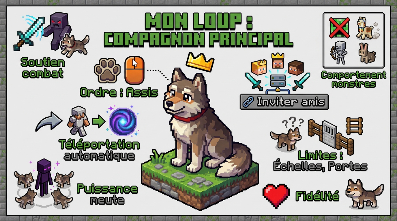 Un loup apprivoisé avec un collier rouge assis dans une forêt Minecraft
