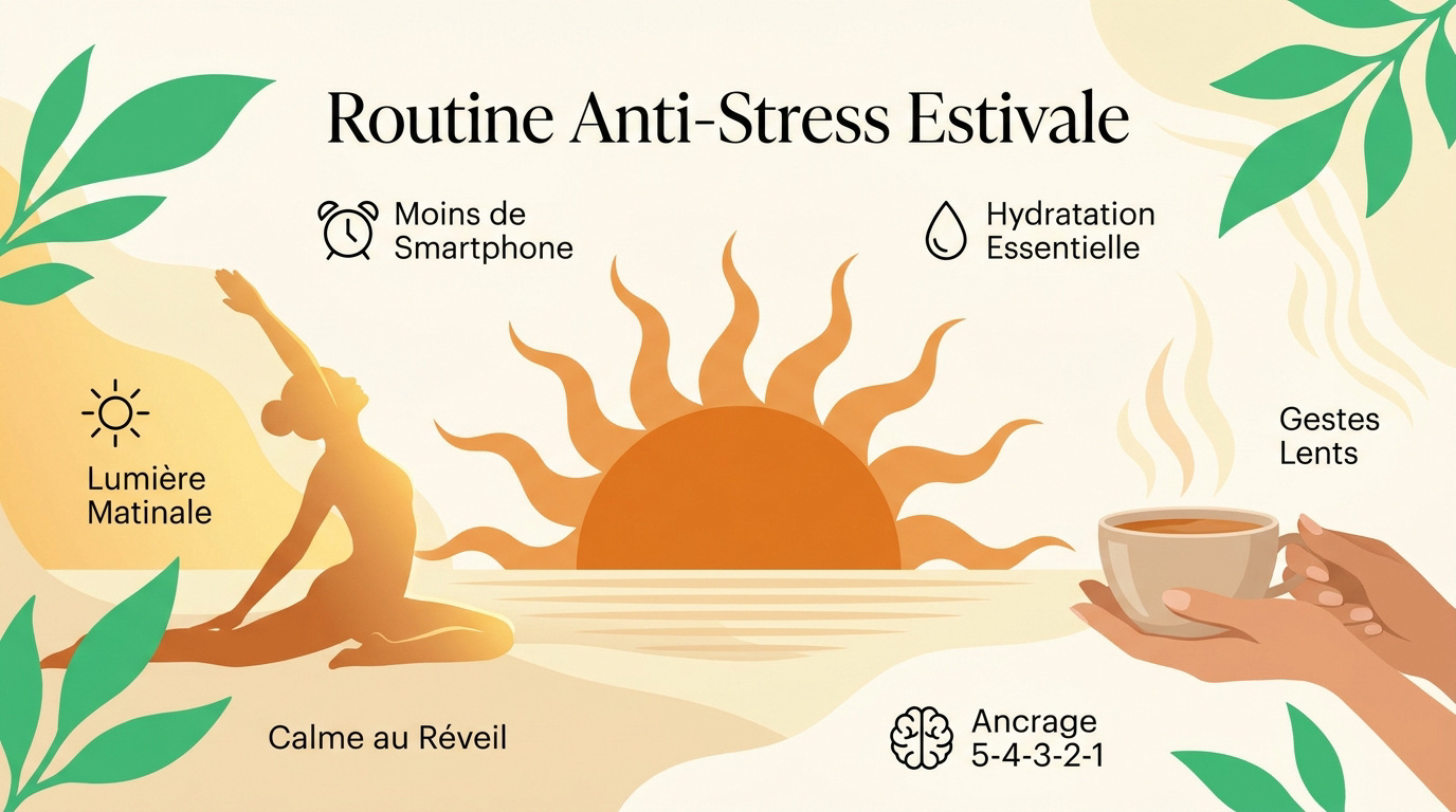 Femme pratiquant une routine matinale apaisante au soleil pour réduire le stress estival